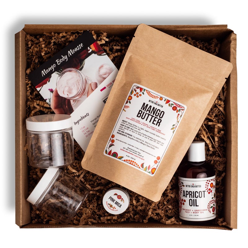 Better Shea Butter Body Butter Making Kit - Includes Raw Mango Butter, Raw Apricot Oil, Pink Mica, 2 jars and Recipes Card with Link to Video Tutorial - Natural Whipped Mango Body Lotion Making Kit - Image 1